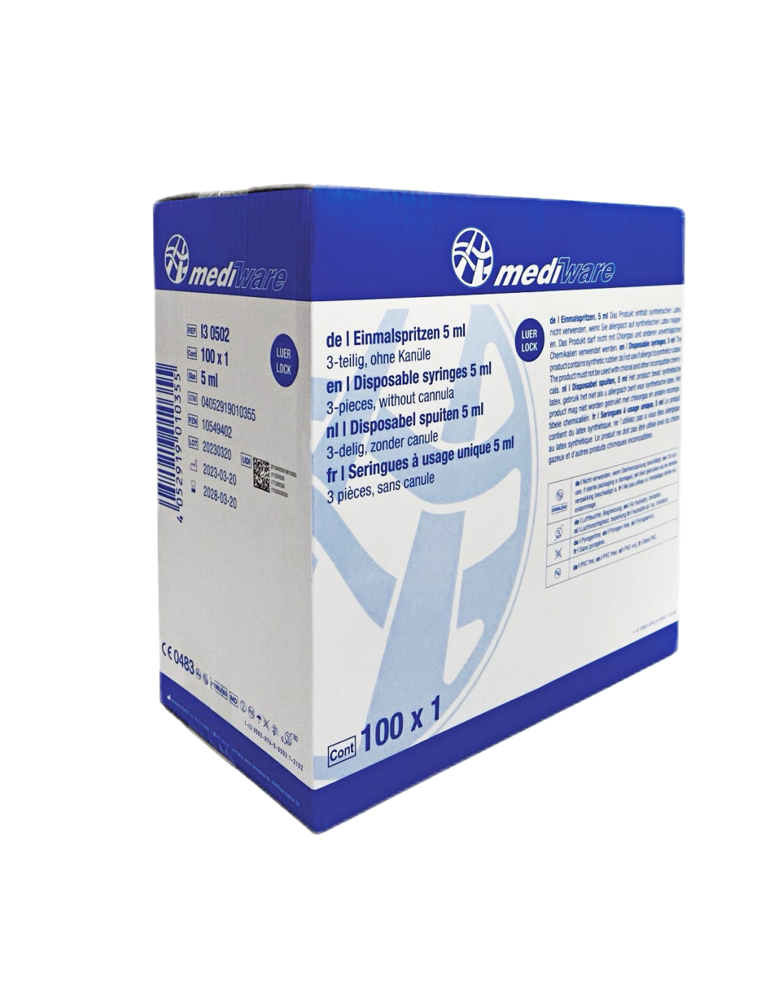 3 dalių „Mediware“ 5 ml švirkštai, Luer-Lock ,100 vnt. - Image 2